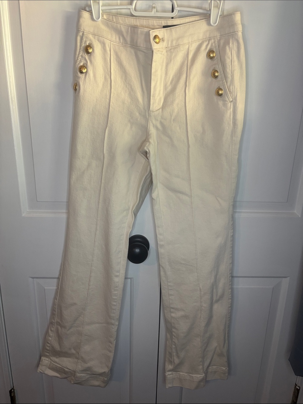 Talbots Flare Jeans Size 2P Petite Ivory Cream Gold Button High Rise Pants